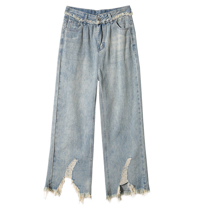阔腿牛仔裤女9分小个子秋季秋冬八分2026宽松毛边破洞乞丐直筒裤