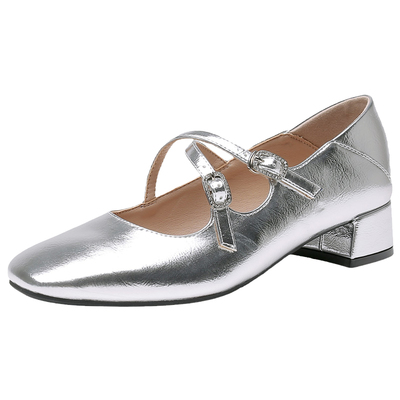 大东官方正品银色粗跟玛丽珍单鞋