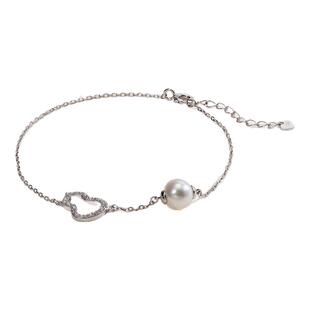 欧诗漫淡水珍珠手链7-8mm圆珍珠可调节链金色银色葫芦设计 明秀