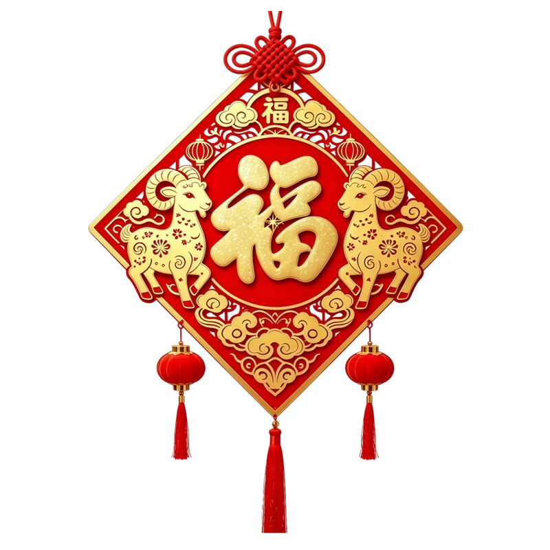 菱形双羊贺岁玻璃贴福字灯笼中国结流苏国风年味大门防水装饰贴纸