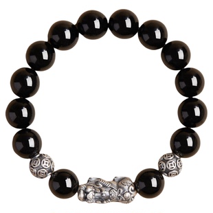 天然黑曜石手串官方旗舰店正品银曜石手链银貔貅招财转运珠护身符