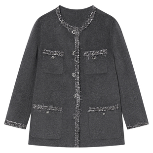 Goodland美地灰色法式钉珠小香风羊毛大衣外套女中款LC34510110