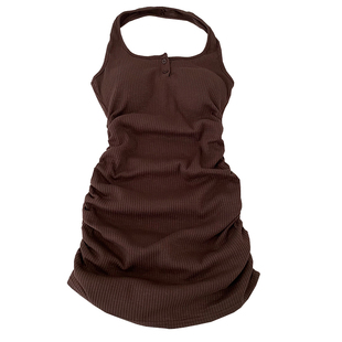 辣妹时尚百搭挂脖褶皱修身显瘦无袖背心露背连衣裙短裙打底裙女