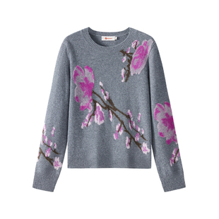 皮皮狗25秋冬女士提花圆领羊绒套衫拉网提花刺毛工艺花朵图案