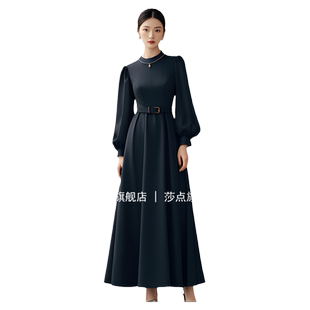 黑色连衣裙女2026春秋新款赫本风长袖过膝长款大摆裙高级感长裙