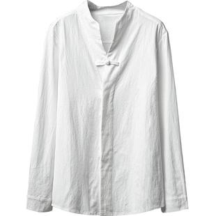 秋冬加绒长袖衬衫立领复古薄款唐装纯棉上衣茶服盘扣青年衬衣男士
