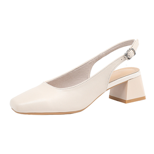 真皮包头凉鞋女夏2026新款方头一字带上班粗跟单鞋大码女鞋41到43