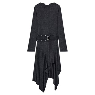 ZA外贸出口女装新款配腰带长袖款小圆领不对称迷笛连衣裙1131856