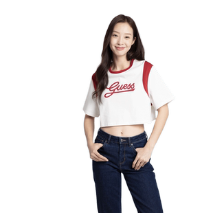 GUESS女士经典logo辣妹短款圆领撞色T恤-W4PP85K2Q40