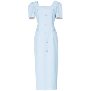 2026夏季新款气质千金风方领泡泡袖收腰显瘦直筒长裙连衣裙女