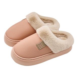 防水棉拖鞋女秋冬季2025新款家居保暖皮面艾草抗菌防臭棉鞋男外穿