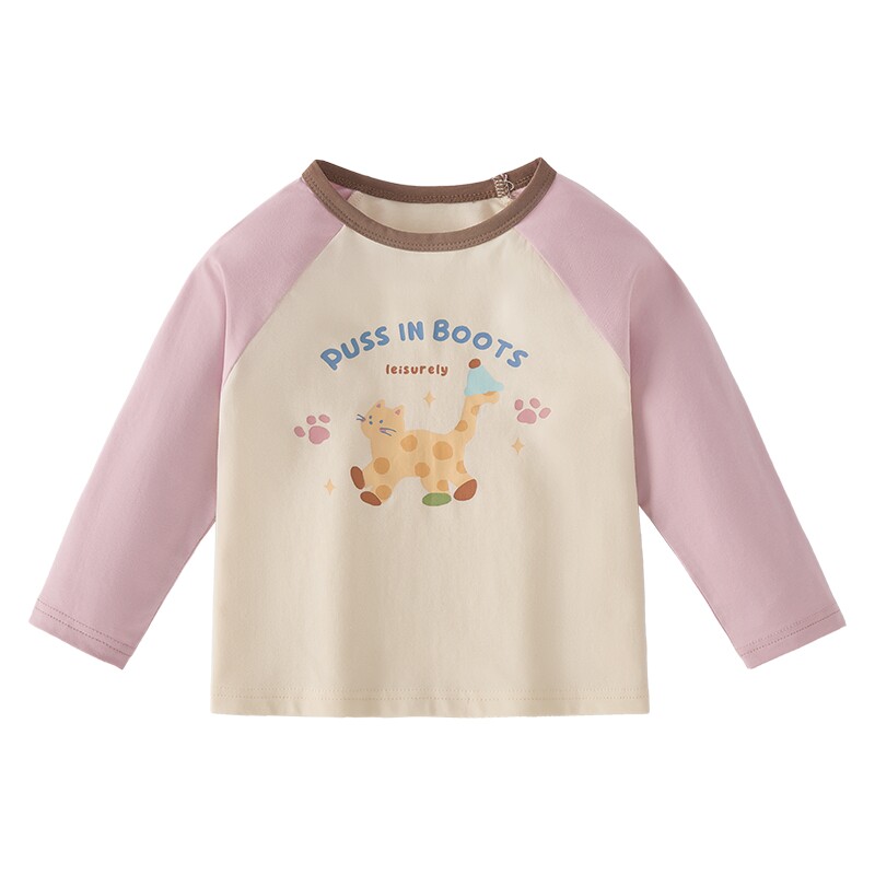 女童长袖T恤春季圆领撞色印花打底衫