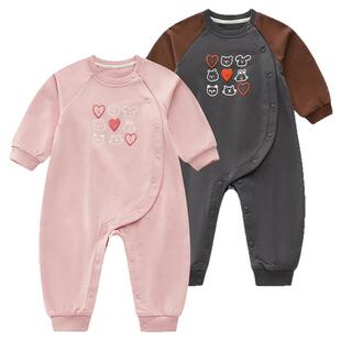 拉比婴儿连体衣新生儿爬服25秋冬新宝宝偏开保暖长袖休闲运动哈衣