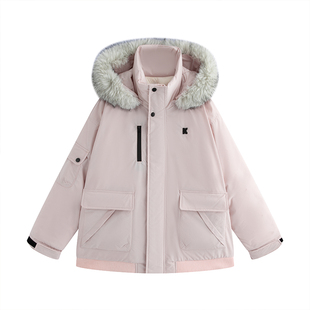 King Prince粉色工装派克羽绒服女毛领连帽外套白鸭绒保暖上衣冬
