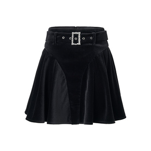 MAXRIENY法式复古气质半裙高腰丝绒短裙25秋款黑色a字压褶伞裙