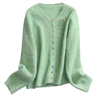 彩色纽扣绵羊毛混纺宽松慵懒软糯保暖圆领毛衣长袖女针织开衫Q665