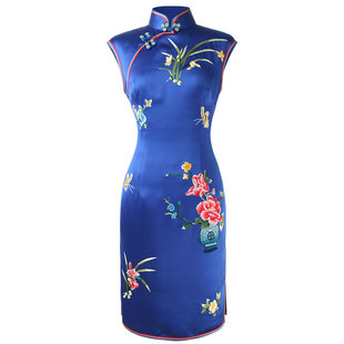 品尚华服量身定制手工滚边精美刺绣宝蓝宫廷花草短款复古修身旗袍