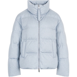 衣香丽影蓝色羊毛呢鹅绒羽绒服女短款2025冬装新款小个子立领外套