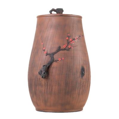 云南建水紫陶梅花根艺绘刻茶叶缸