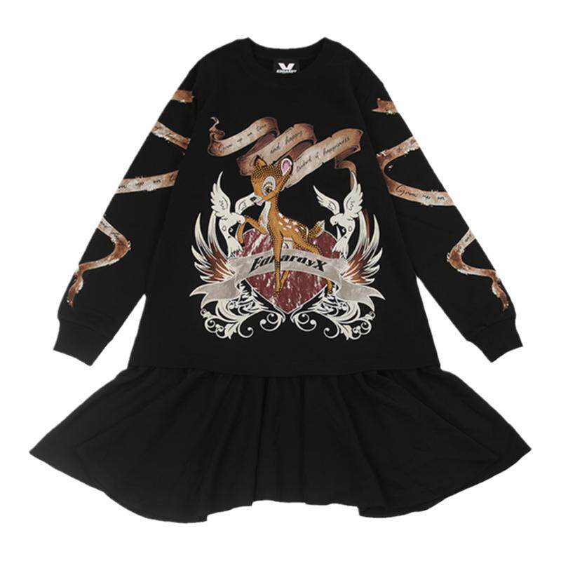 EdHardyX春秋潮牌时尚小鹿烫钻印花宽松圆领卫衣连衣裙女士同上衣