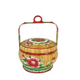 潮汕纯手工彩绘竹篮竹编篮子结收纳蓝储物篮婚嫁花篮传统竹艺摆件