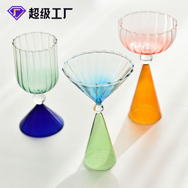 新品 创意条纹渐变玻璃杯香槟杯红酒高脚杯欧式葡萄酒杯酒吧会所