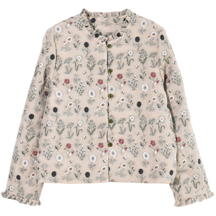 GESGOO复古文艺提花短款外套女士木耳边设计秋季小棉服上衣含亚麻