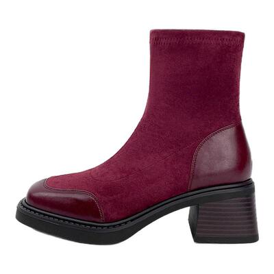 粗跟绒面短靴女2024年新款红色秀禾婚鞋冬天结婚方头显瘦弹力