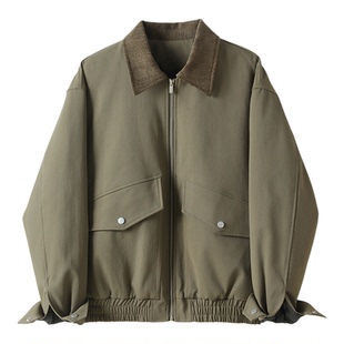 特价 85白鸭绒防风保暖工装夹克羽绒服飞行员灯芯绒拼接翻领外套