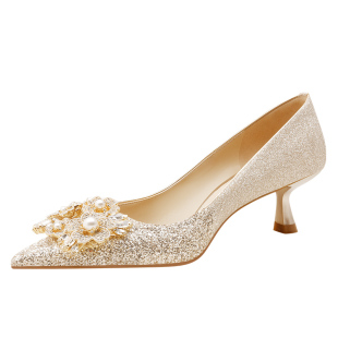 rose castle秀禾婚鞋女新娘鞋2025新款金色中低跟不累脚水晶鞋