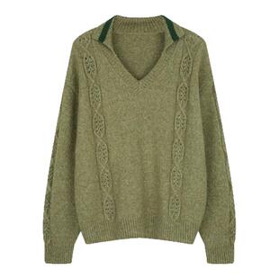 solighter 法式羊毛绞花v领套头毛衣女秋冬新款宽松慵懒针织上衣