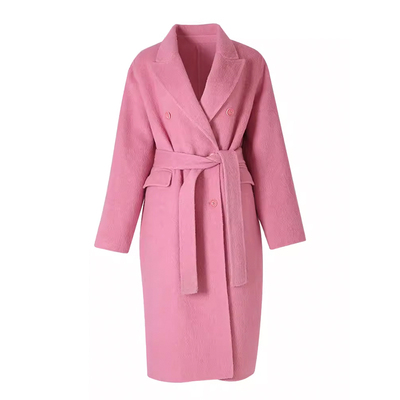 粉红色西装领手工双面羊绒大衣