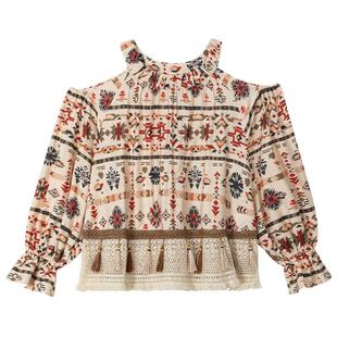 KEIKO 民族风流苏挂脖露肩长袖衬衫26春季佩斯利波西米亚印花上衣