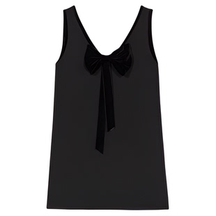 Maje2025春夏女装法式时尚黑色蝴蝶结装饰V领无袖短款吊带连衣裙
