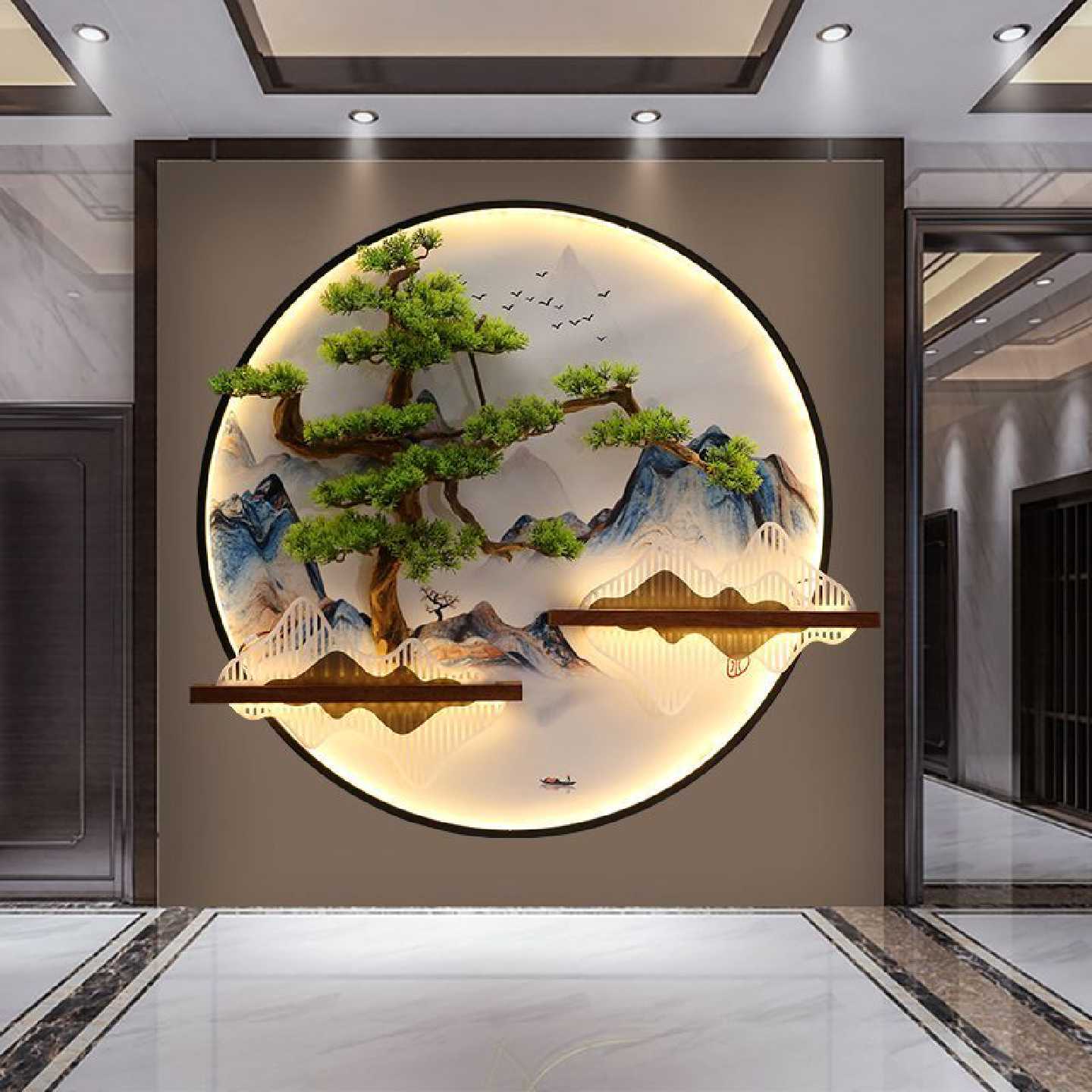 新中式迎客松装饰画客厅沙发背景墙装饰挂件玄关壁画铁艺圆形挂画