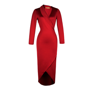 颈袖添香秋季新款连衣裙女装修身气质中长款红色包臀裙