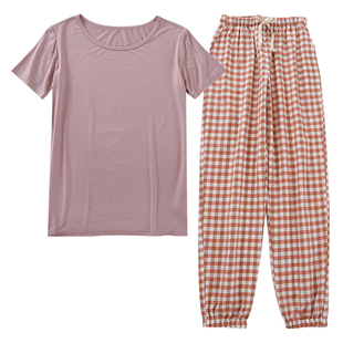 新款莫代尔棉睡衣女士春夏短袖长裤薄款小格子束脚收口家居服套装