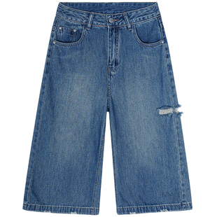 落落狷介 夏日七分牛仔裤2025年新款设计感破洞宽松阔腿裤小个子