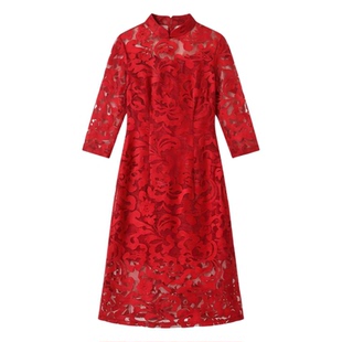 喜婆婆婚宴大码女装旗袍改良版大红色蕾丝连衣裙子欧根纱气质高贵