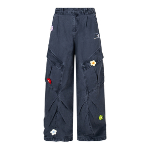 XBRO美式复古刺绣花朵直筒阔腿宽松伞兵裤男女做旧弯刀工装休闲裤