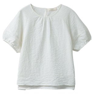 现货 干丝灯笼袖真丝短袖T恤上衣女桑蚕丝褶皱肌理感百搭圆领小衫