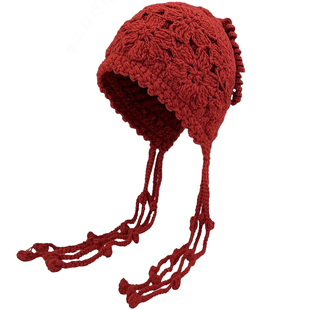 花朵手工编织针织帽子女双层辫子帽2025秋冬季新款保暖护耳毛线帽