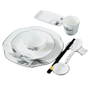 高档酒店摆台餐具套装特色饭店会所包厢 新中式摆盘山水意境 陶瓷