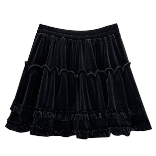 黑色木耳边拼接丝绒短裙半身裙女秋冬新款松紧腰a字裙伞裙小黑裙