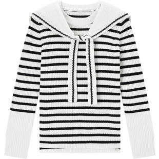 URLAZH有兰秋季新款减龄可拆卸围巾披肩毛衣条纹海军风针织毛衣女