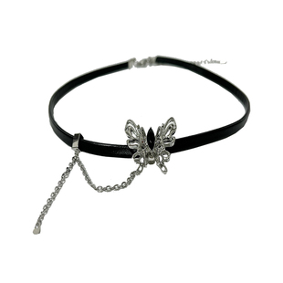 甜酷辣妹心头宝！暗黑液态蝴蝶流苏皮质项链choker项圈小众锁骨链