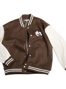 CLIMAX VISION云朵绒刺绣小狗西高地毛呢拼皮袖棒球服夹克外套