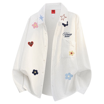 查尔斯桃心花朵印花长袖衬衫男女春秋季休闲百搭宽松潮牌衬衣外套