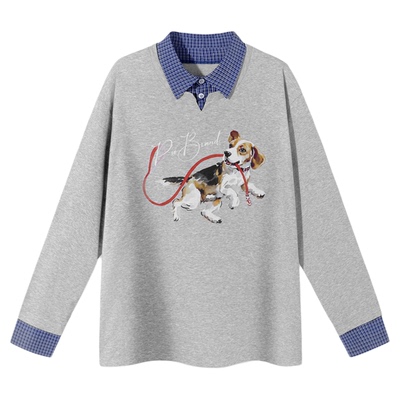 PSO Brand男装女装【假两件】可爱比格犬格纹情侣长袖T恤上衣潮牌