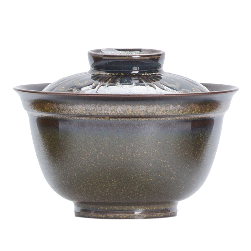 爱曼茶生活文丘天目烧柴窑窑变紫玉七色莲花盖碗金星茶叶末景德镇